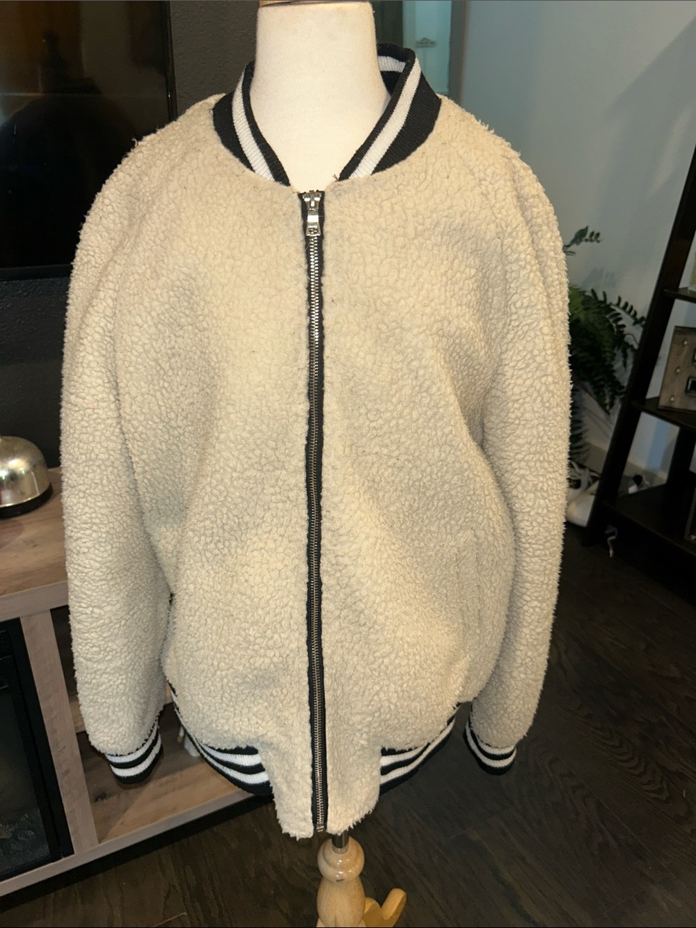 BDG Cream Sherpa Jacket with Black Trim